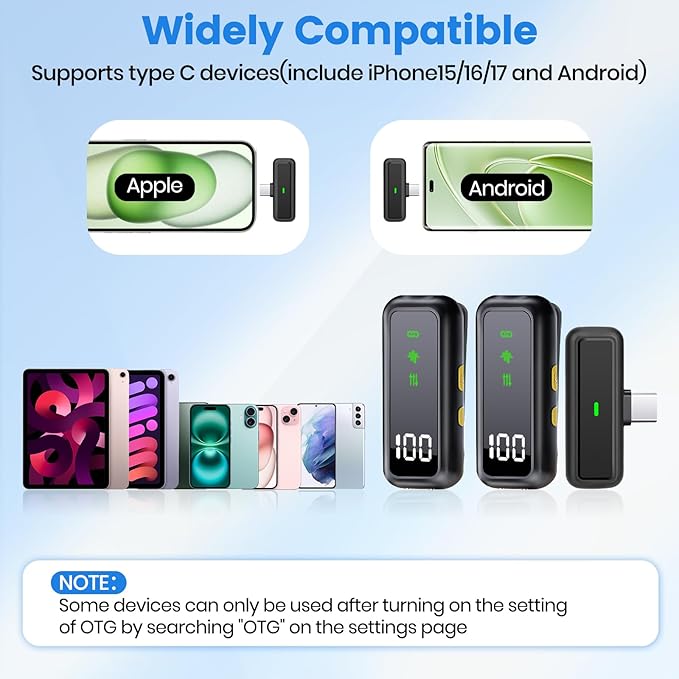 Wireless Lavalier Microphone for iPhone/Android, Noise Reduction, USB-C Plug and Play Mini Lapel Mic Clip on Microphone Wireless 2 Pack, Ideal for Content Creator, Video Recording, Vlogging, Streaming