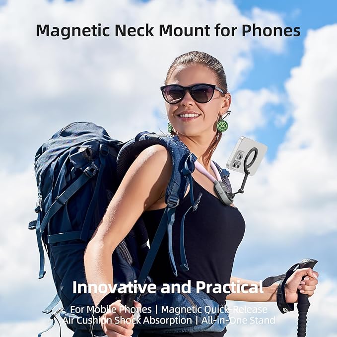 REYGEAK Magnetic POV/Vlog Phone Neck Mount Holder for Magsafe iPhone 16/15/14/13/12 Pro Mini/Plus/Pro/Pro Max, Hand Free Chest Stand Video Recording for Mobile Phone Accessory (Sakura Pink)