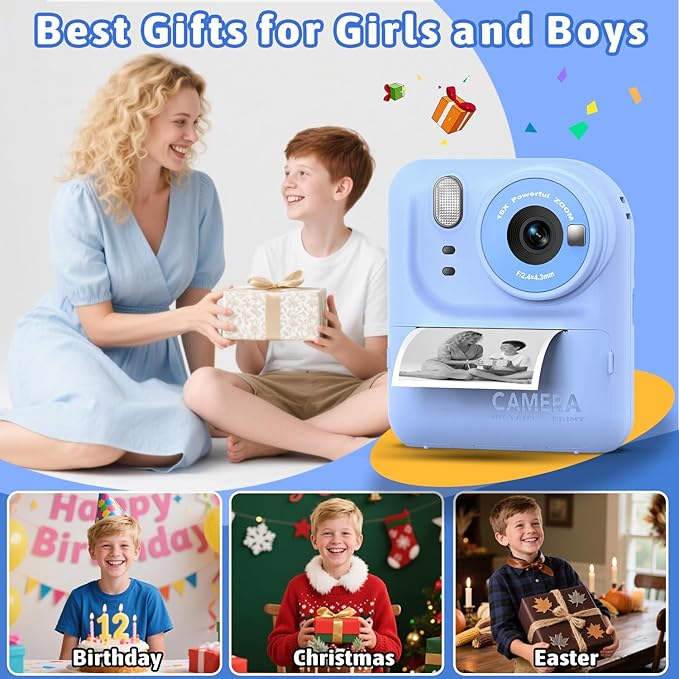 Okaloka Kids Instant Print Camera Toys,1080P HD Toddler Digital Video Camera,Christmas Birthday Gifts for Girls Boys Age 3-12 Year Old - 32G SD Card Included (Blue)