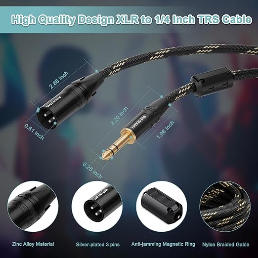 6ft 2pack XLR to 1/4 inch(6.35mm) TRS to XLR Nylon Braided Male to Male Microphone Cable