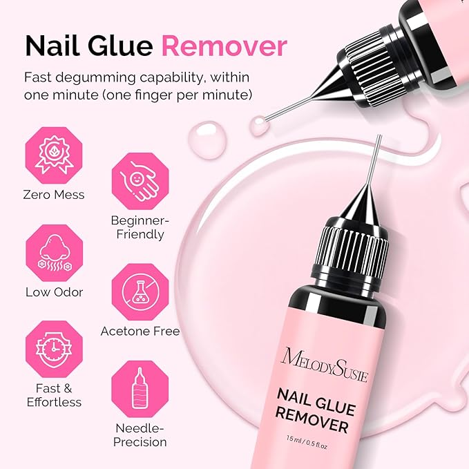 MelodySusie 2PCS Nail Glue Remover for Press on Nails, Acetone Free Nail Polish Remover Multi-Functional Liquid for Removing Glue from Nail Tips Full Cover Nails for Home and Salon Use