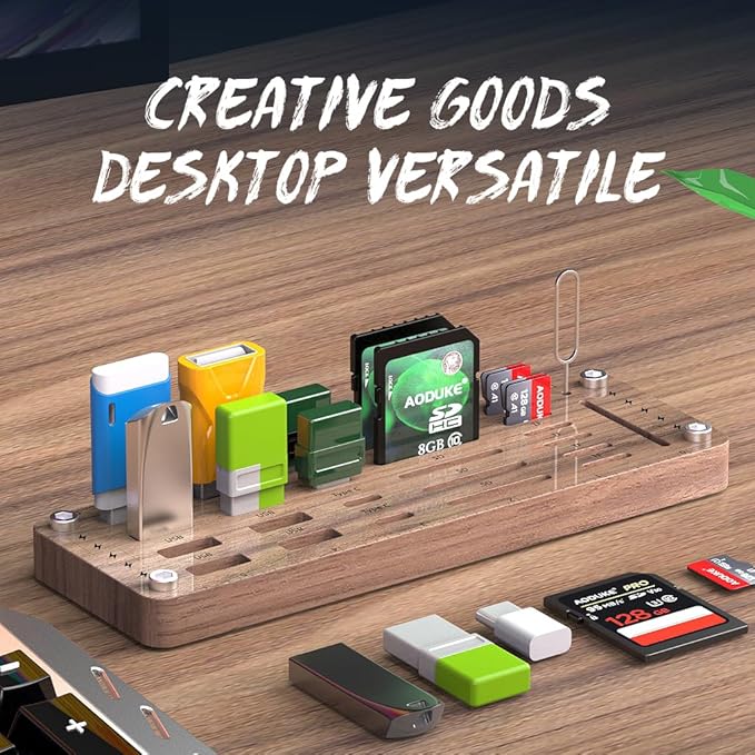FEIFANZHE 25 Slot Wooden Memory Card Case Box and USB Drive Stand - SD Card Holder, Micro SD Case, Mobile Card Taking Needle - FSNH01M
