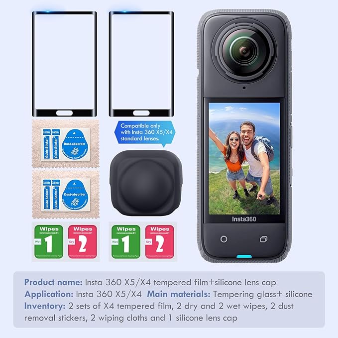 Screen Protector Film(2 Pack)+Lens Cap for Insta360 X5/insta360 X4 Accessories, Insta 360 X5/insta 360 X4 Tempered Glass LCD Display Film, Ultra HD, 9H Hardness, Scratch Resistant, Anti-Fingerprint