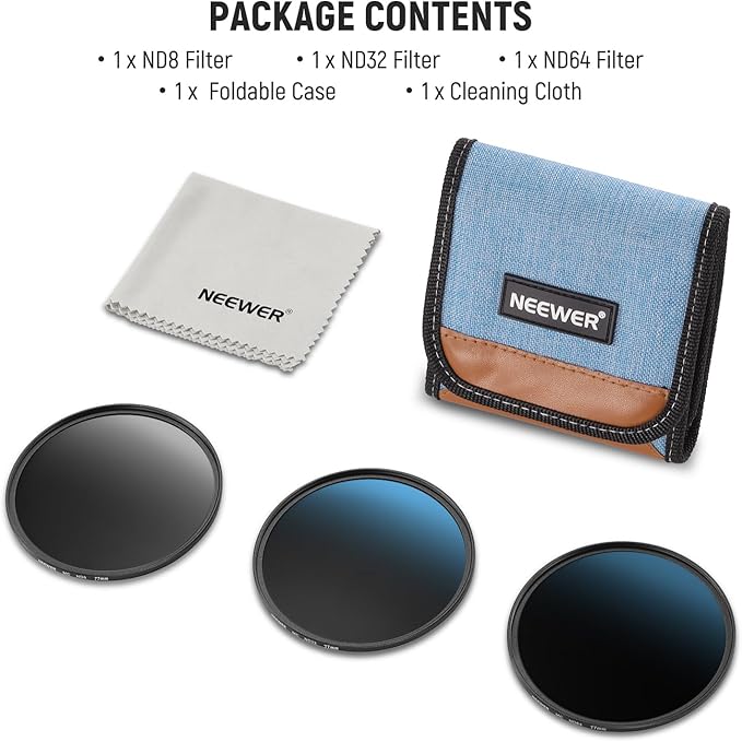 NEEWER 77mm ND Filter Set, ND8/32/64 (3/5/6 Stops) Multicoated Neutral Density Camera Lens Filter Photography Accessories with Storage Case & Cleaning Cloth, 3 Packs