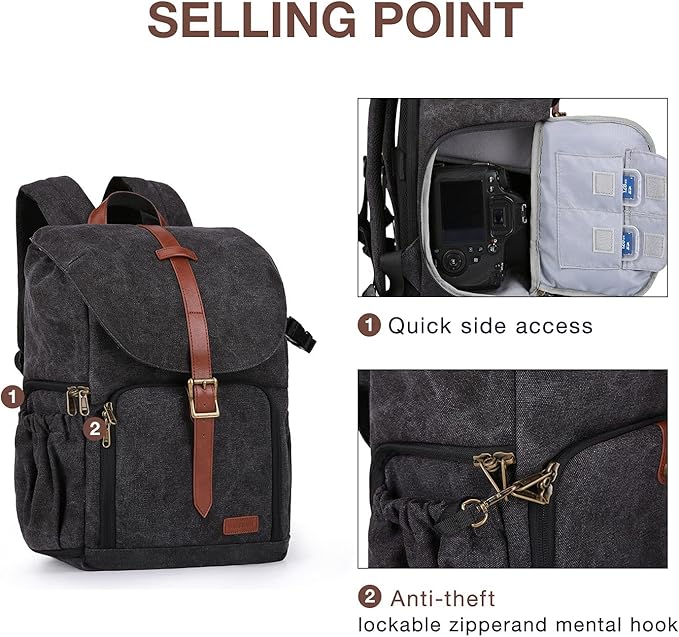 BAGSMART Camera Backpack, DSLR SLR Waterproof Camera Bag, Anti-Theft Photography Backpack with 15 Inch Laptop Compartment, Tripod Holder & Rain Cover, Black