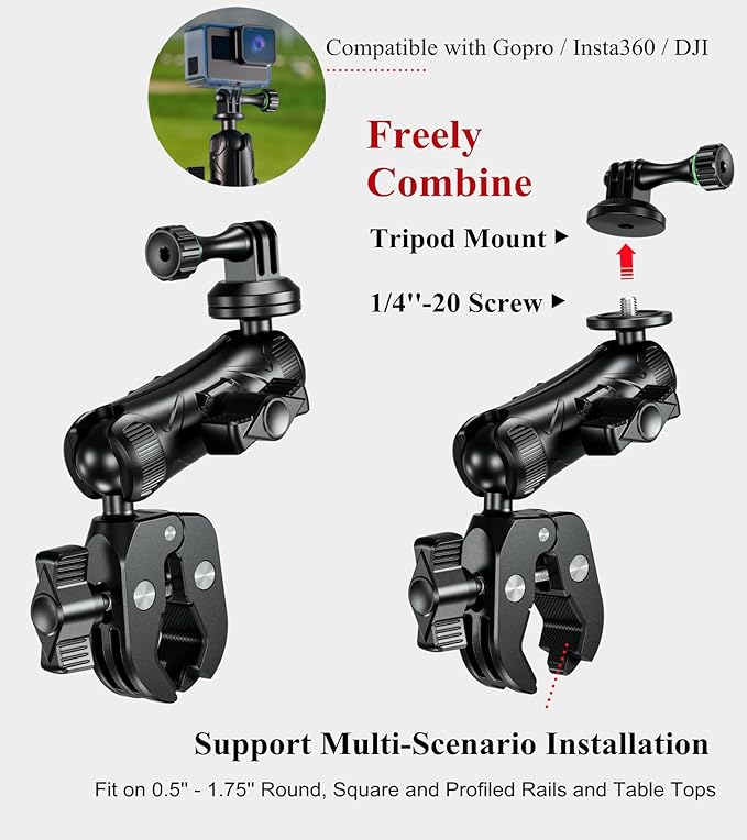 BRCOVAN Super Clamp Camera Mount with 1'' Ball Head 3.54'' Magic Arm, with 1/4"-20 Screw Tripod Mount Adapter, for Action Camera, Camcorder, Monitor, LED Lights and More