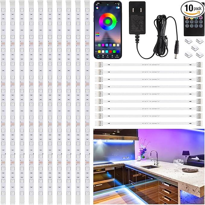 10 PCS RGB Under Cabinet Lighting Kit, App and Remote Control Led Strip Lights, Music Sync Color Changing Led Lights with ETL Listed Power Adapter, for Cabinet, Counter, Shelf, 16.4ft