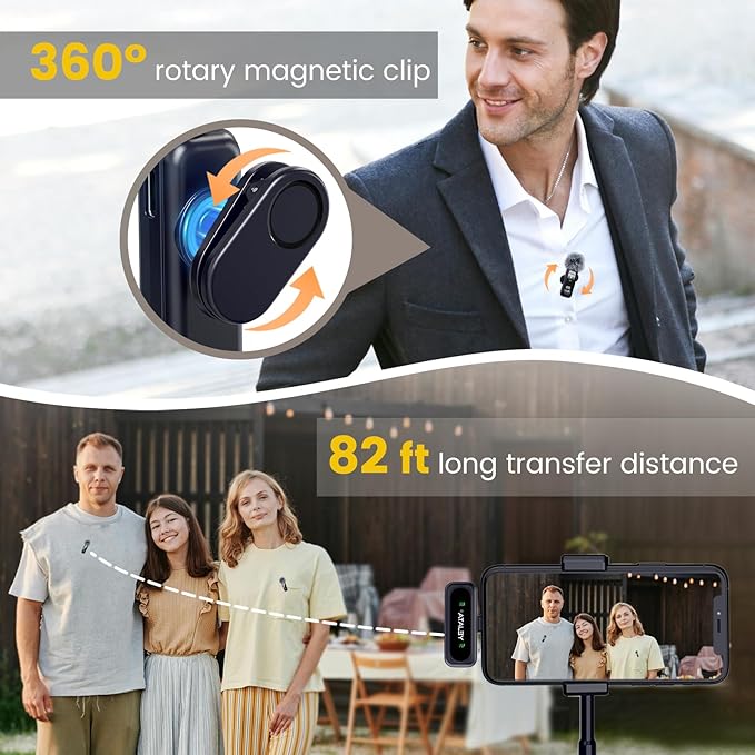 Wireless Lavalier Microphone with Digital Battery Display 360° Omnidirectional Noise Cancelling 100FT Range Rotatable Clip for iPhone 15/16 Android PC iPad Tablet