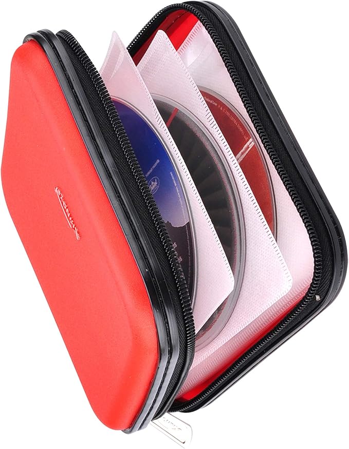 CD DVD Wallet, 32 Capacity Heavy Duty, DVD CD Case Holder for Car, Portable DVD/VCD Storage Disk, Hard Shell Sturdy case , Car CD Disk Holder, Booklet, Blu-ray Wallet (32 Capacity,Red)