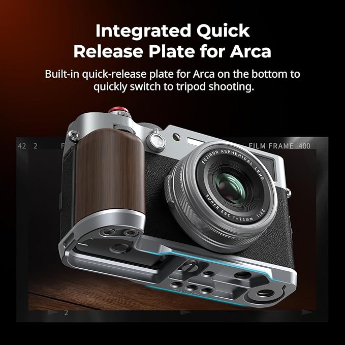 SMALLRIG X100VI / X100V Handgrip, Wooden L-Shape Grip for FUJIFILM X100VI / X100V Camera, Built-in Quick Release Plate for Arca, with Shutter Button and Hot Shoe Cover, Silver - 4804
