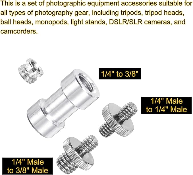 MECCANIXITY Camera Screw Mount Set, 1/4 Inch Double End Screw, 1/4 to 3/8 Inch Double End Screw, Female Screw for Camera, Tripod Screw Adapter, Monopod, Flash Light