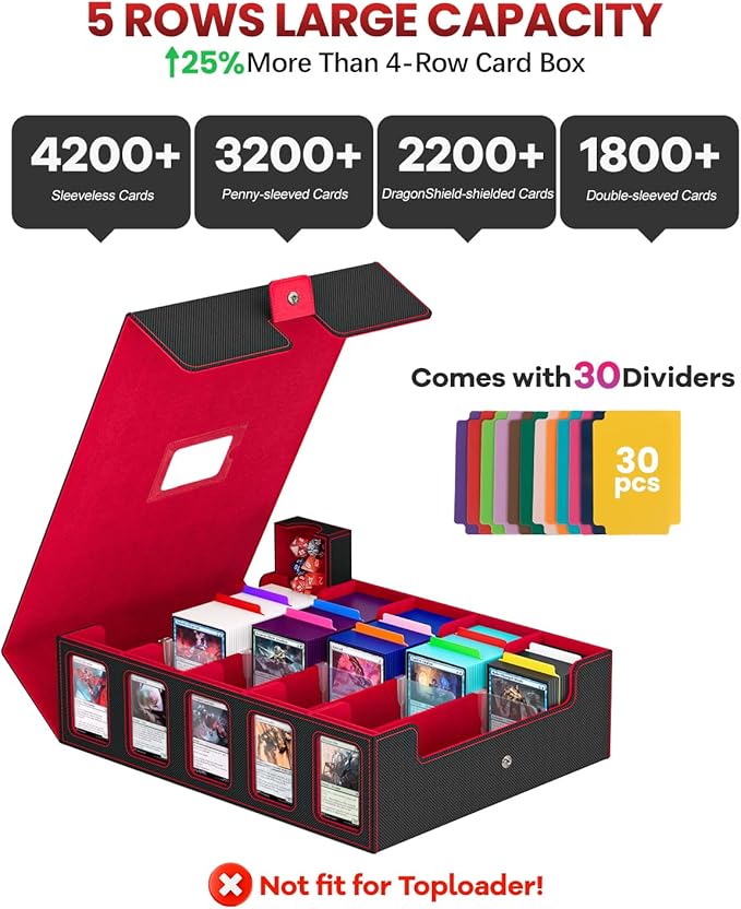 Trading Card Storage Box, 5 Row Card Deck Case with Commander Display & Portable Handle, 4200+ Card Deck Boxes Compatible for MTG TCG Magic Cards, 30 Divider, 8 Supporters, 1 Dice Tray (Black & Red)