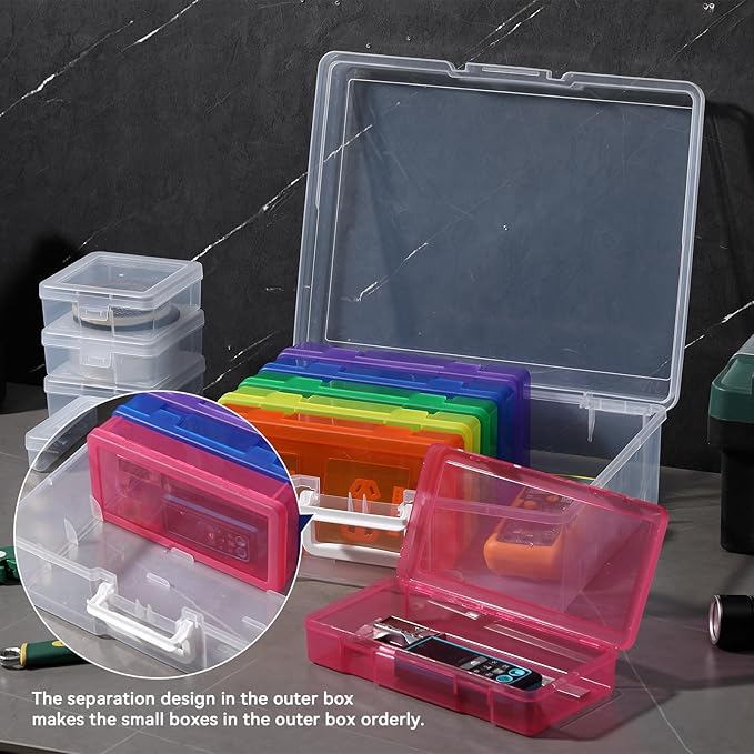 Novelinks Stackable Plastic Clear Storage Box Containers with Latching Lid - Art Craft Supply Organizer Storage Containers for Pencil Box,Crayon, Jewelry (6 Pack Medium Colorful+6 Pack Small Clear)