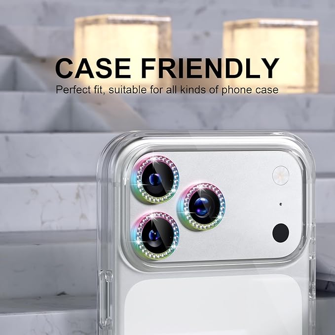 Choiche Compatible for iPhone 17 Pro/iPhone 17 Pro Max Camera Lens Protector Bling, 9H Tempered Glass Camera Cover Screen Protector Metal Ring Decoration Accessories (Diamond-Colorful)