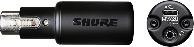 Shure MVX2U XLR-to-USB Interface with Headphone Jack, 60dB Gain, Zero-Latency Monitoring, 48V Phantom Power, ShurePlus App, USB-C Cable