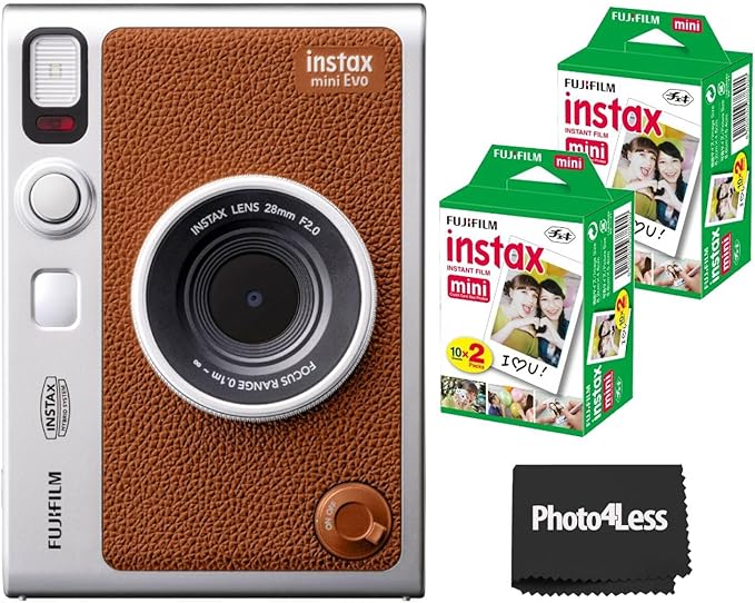 Fujifilm Instax Mini EVO Hybrid Brown Instant Camera + Fuji Mini Twin Pack Instant Film (40 Sheets) - Bundle