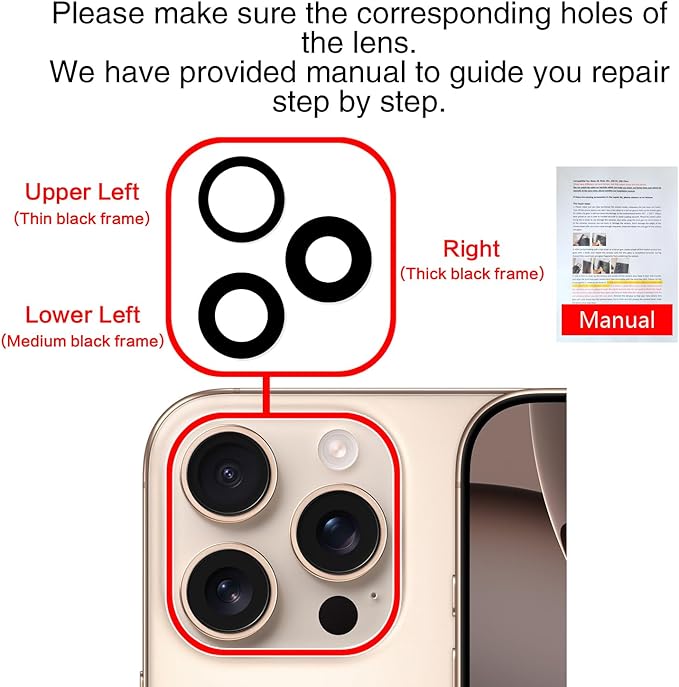 2PCS ASDAWN Back Rear Camera Lens Glass Replacement for iPhone 16 Pro Max and 16 Pro Camera Glass Lens Replacement with Pre-Installed Adhesive + Repair Tool Kit + Installation Manual