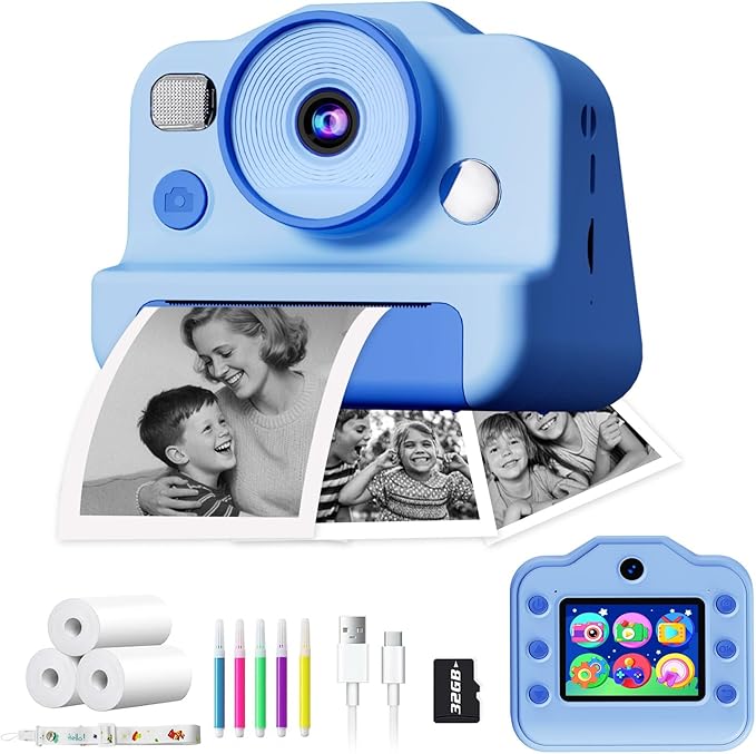 Instant Print Camera for Kids, Front Rear Dual Selfie Kids Camera with 1080P Videos, Christmas Birthday Gifts for Kids Ages 3-12, Toddler Digital Camera Toy for 4 5 6 7 8 Year Old Boys Girls (Blue)