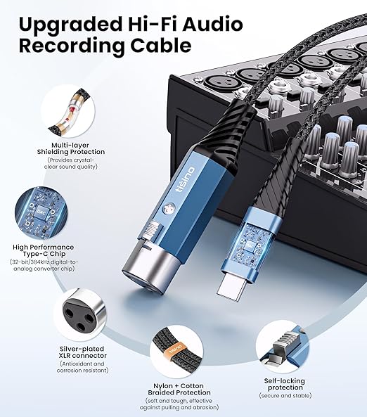 Tisino XLR to USB C Microphone Cable, Upgraded Hi-Fi Audio Recording Cable USB C Microphone Cable for Dynamic Microphones/Recorder/Laptop/Tablet, 0.5m/1.6ft