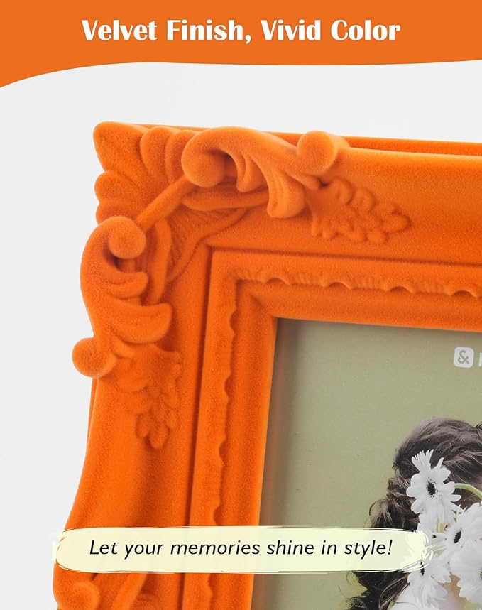 Orange Picture Frame 4x6 for Shelf Desk Table Decor, Colorful Ornate Frame with Velvet Touch for Diamond Paintings Art Prints Posters, Modern Gallery Wall Frames for Bedroom Decoration (Orange)