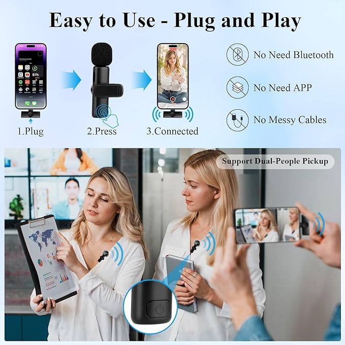 Professional Wireless Microphone for iPhone, Android, 2pcs Type C Wireless Microphones with Crystal Clear Sound Quality, Mini Microphone Plug-Play for Interview Video Podcast Vlog YouTube Tiktok