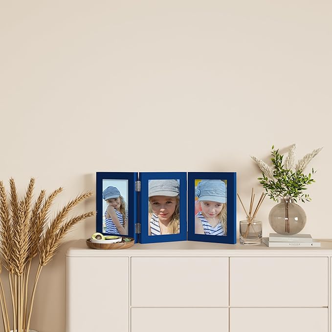 decorUhome Triple 5x7 Picture Frame Vertical, Engineered Wood Trifold Photo Frame with Plexiglass for Tabletop Display, 5x7, Royal Blue