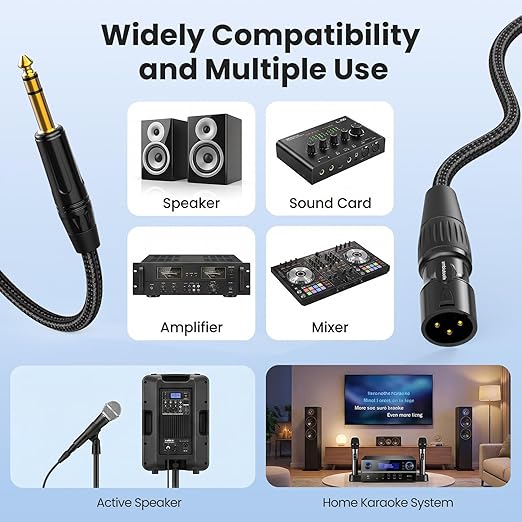 XLR Male to 1/4, TRS to 6.35mm 2 Packs Gold-Plated Connectors Nylon Braided, Quarter Inch to XLR Male Cable for Speakers, Mixers, Amplifiers - 10ft