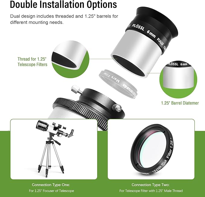 Astromania Telescope Eyepiece 6mm Plossl, 1.25 Inch Telescope Accessory Eyepiece Fully Multi Coated 4-Element Plossl Design, Metal 50 Degree Apparent Field of View for Astronomy Telescopes & Filters