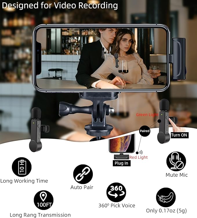 Wireless Microphone for iPhone and Android Phones - 2 Pack Cordless Lavalier Lapel Microphone Noise Canceling Lav Mic for Video Recording Vlog TikTok Instagram