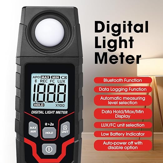 Bluetooth Lux Meter Light Meter, 0.1~200,000Lux Range Light Meter for Plants and Photography, Wireless Light Meter with App Real-time Monitoring, Data Logging and Data Export