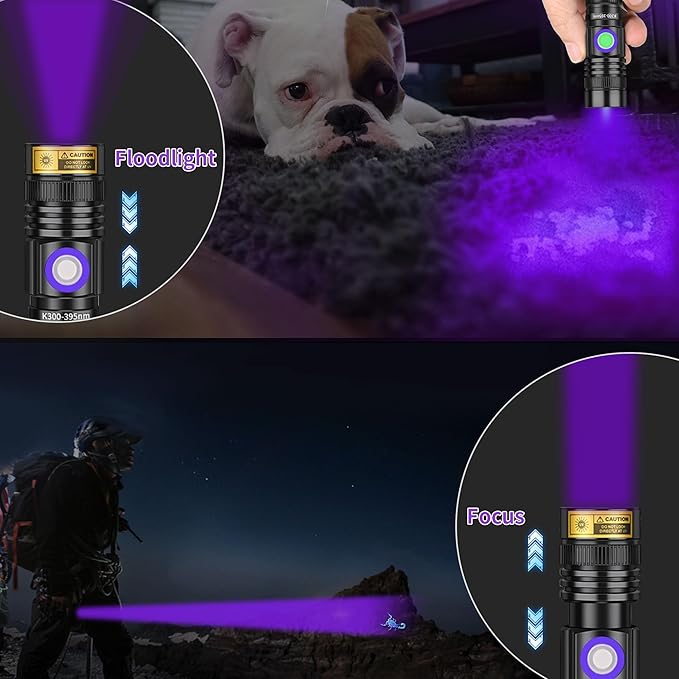 UV Flashlight Black Light USB Rechargeable 395nm Blacklight Mini, Woods lamp Portable Handheld Powerful LED Ultraviolet Lights Flashlights, Focus Adjustable for Resin Curing, Pet Urine Detection