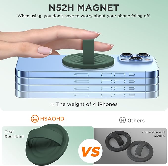 Upgraded Magnetic Phone Grip, Liquid Silicone Soft and Portable, Removable Finger Loop Ring Grip Holder for iPhone, Strong Magnetic Attraction, Compatible with MagSafe Phone Case, Alpine Green
