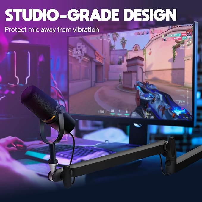 Microphone Boom Arm, Low Profile Mic Arm with 360° Rotation, Cable Management, Extended Riser, Mic Clip, Microphone Stand for Blue Yeti HyperX QuadCast Shure Elago, Black