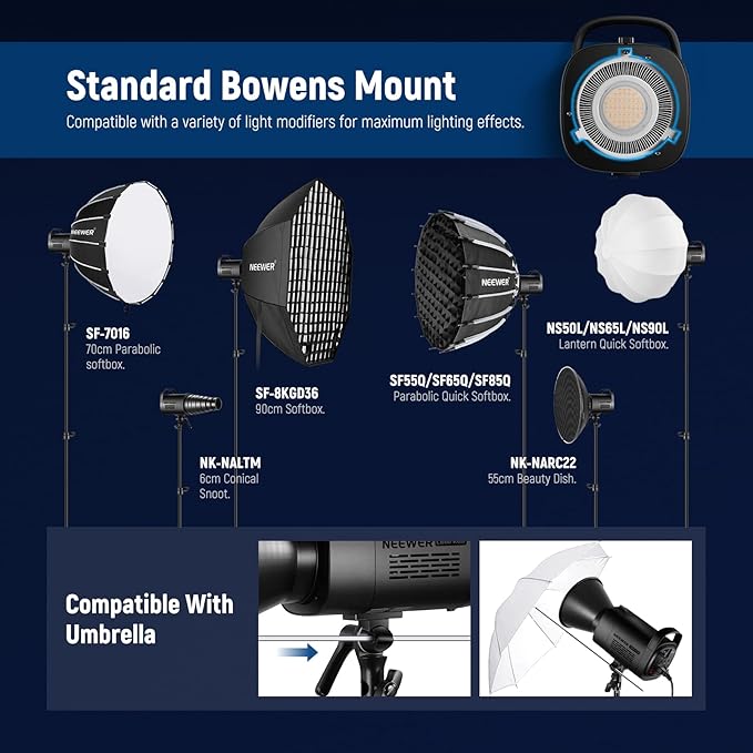 NEEWER CB60 RGB 70W LED Video Light with App Control, Bowens Mount COB Full Color Continuous Output Lighting 18000Lux/1m CCT 2700K-6500K CRI97+ 17 Scenes for Photography/Studio Video Recording