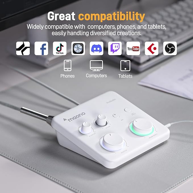 MAONO USB Audio Interface for PC: Interface with XLR Input 24-bit/192kHz Routing Software LOOPBACK ASIO Driver for Recording Music, Home-Studio, Guitar, Podcast, Streaming, DAW(PS22 Lite White)