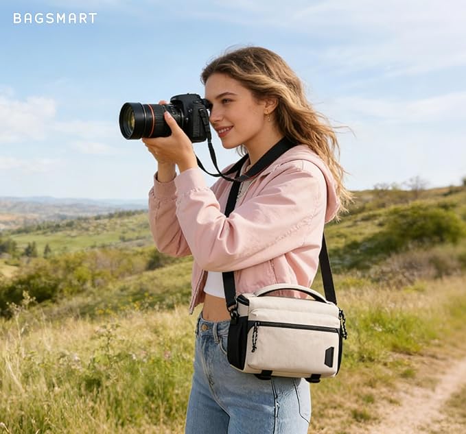 BAGSMART Small Camera Sling Bag for Photographers, Compact Camera Shoulder Bags for DSLR/SLR/Mirrorless Cameras, Waterproof Crossbody Camera Case with Tripod Holder, Ivory White