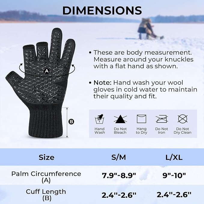 KastKing Bully Wooly 3-Cut Fingerless Wool Fishing Gloves, Cold Weather Warm Winter Gloves for Men & Women, Ice Fishing