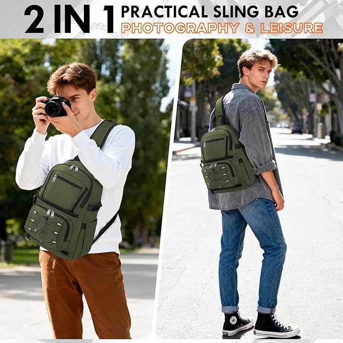 RAINSMORE Camera Bag, DSLR & Mirrorless Camera Sling Bag for Photographers Waterproof Small Camera Crossbody Case with Removable Padded Insert & Tripod Holder for Canon/Nikon/Sony/Fuji, Army Green