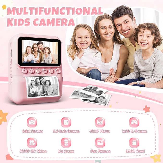 Kids Instant Print Camera, 3.0'' Screen, 48MP Photo, 1080P HD, Gift for 3-12 Year Old Girls & Boys (Pink) with 32GB Card