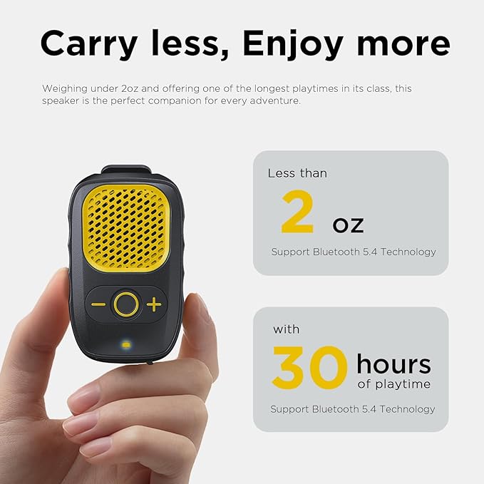 Wearable Bluetooth Speaker, 30H Working Time Clip-On Wireless Jobsite Pro Water-Resistant Portable Speaker, Built-in Mic for Hands-Free Music and Calls (Yellow)