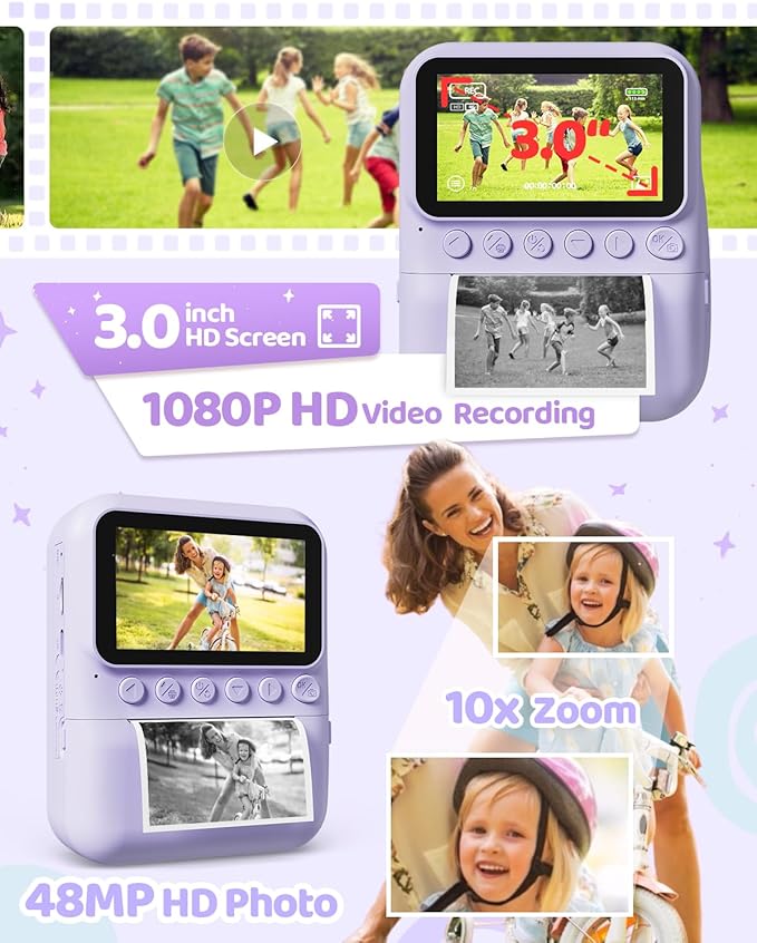 TIATUA Kids Camera Instant Print for Girls Ages 3-14, 3-inch HD Screen Camera for Kids with Printing Paper, 1080P Digital Toddler Toys for 4 5 6 7 8 9 10 11 12 Years Old (Purple)