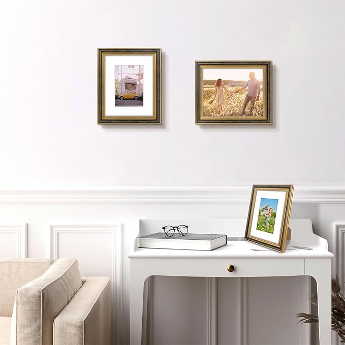 Golden State Art,8x10 Ornate Picture Frame for 5x7 Photo with Mat or 8 x 10 Prints without Mat, Real Glass Wall & Tabletop Display Horizontally or Vertically (Color:Black Gold)