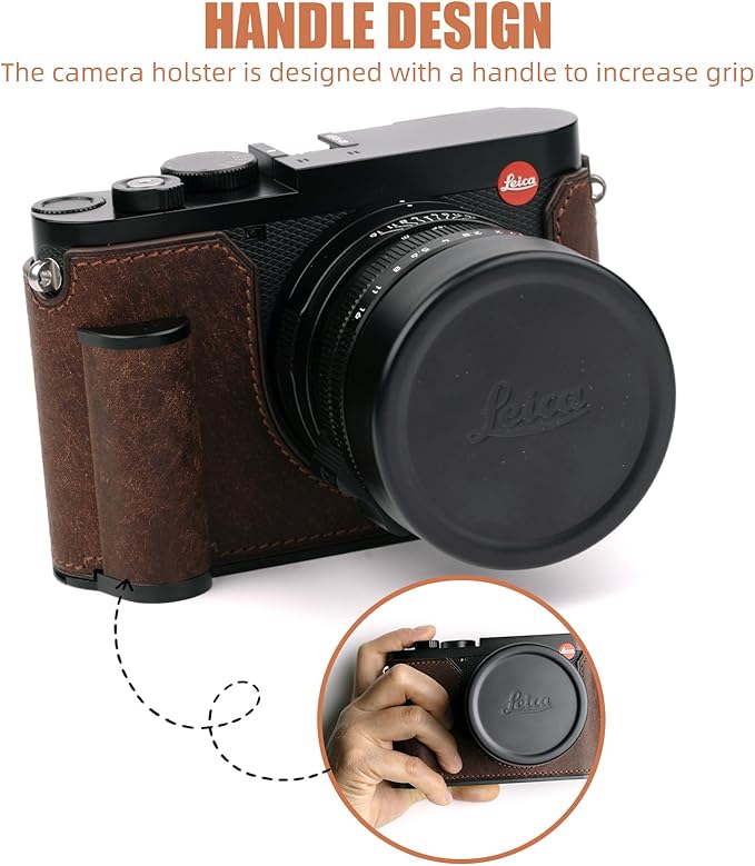 Handmade Genuine Leather Camera Half Case for Leica Q3/Leica Q3 Camera Case- Top Layer Cowhide Body + Metal Base Plate + Hand Shank Design (Dark Brown)