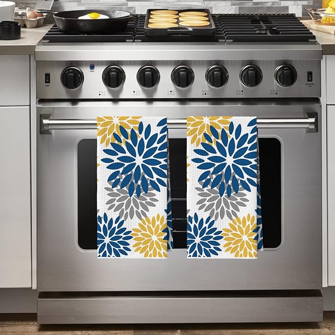 Artoid Mode Dark Blue Dahlia Floral Bar Kitchen Towels, 12x24 Inch Quick Dry Microfiber Cloth Dish Towels for Kitchen Drying Set of 2