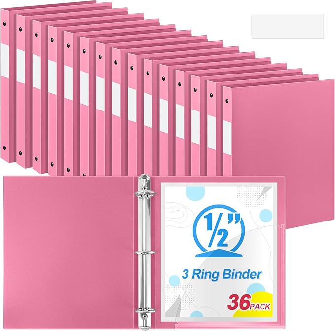 Henoyso 36 Pcs 3 Ring Binder 1/2'' Round Fits Letter Size 8.5'' x 11'' Paper Plastic Flexible Binder Holds 140 Sheets with 1 Pockets Versatile Organizer for Home Office School (Pink)