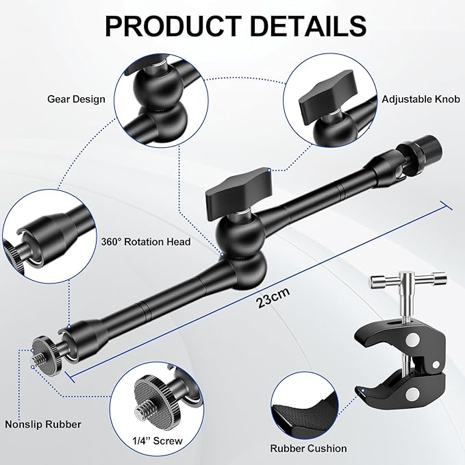 Magic Arm with Super Clamp Kit, 9.8" Adjustable Magic Arm Camera Mount with 1/4" & 3/8" Threads, 360° Rotation Adjustment for Monitor Flash LED Light Microphone Camera Cage Action Cam