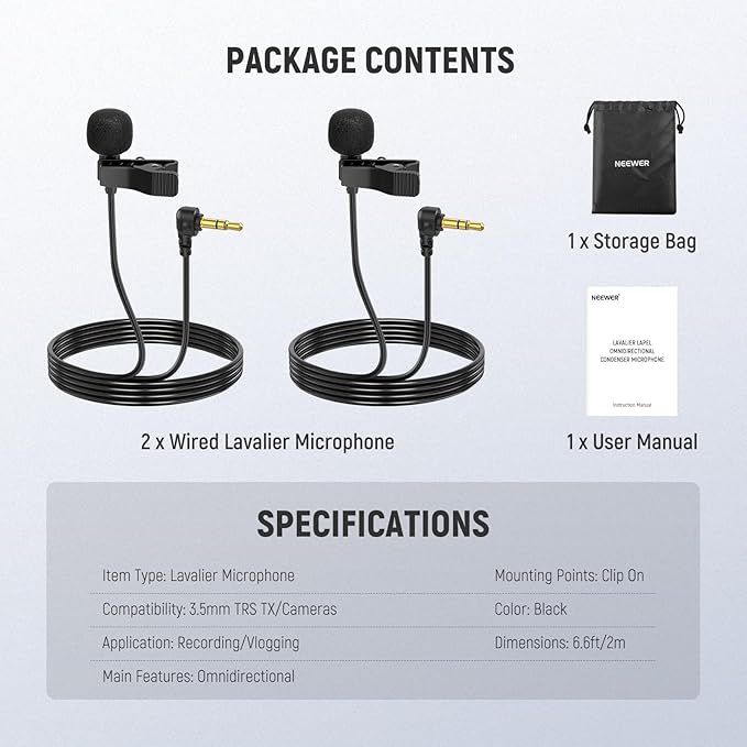 NEEWER Mini Lavalier Microphone (2 Pack), 6.6ft/2m Clip On Wired Condenser Lapel Mic with 3.5mm TRS Plug, Compatible with DJI Mic 2, Rode Wireless Go II, NEEWER CM28 CM31 Camera, LM5