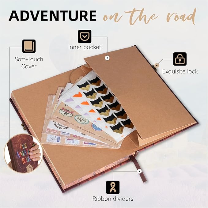 Our Adventure Book Travel Scrapbook Journal Notebook, 160Pages Scrap Book Photo Albums, Faux Leather Journaling Diaries, Scrapbooking Gifts Set With Pen and Stickers for Anniversary Wedding Office