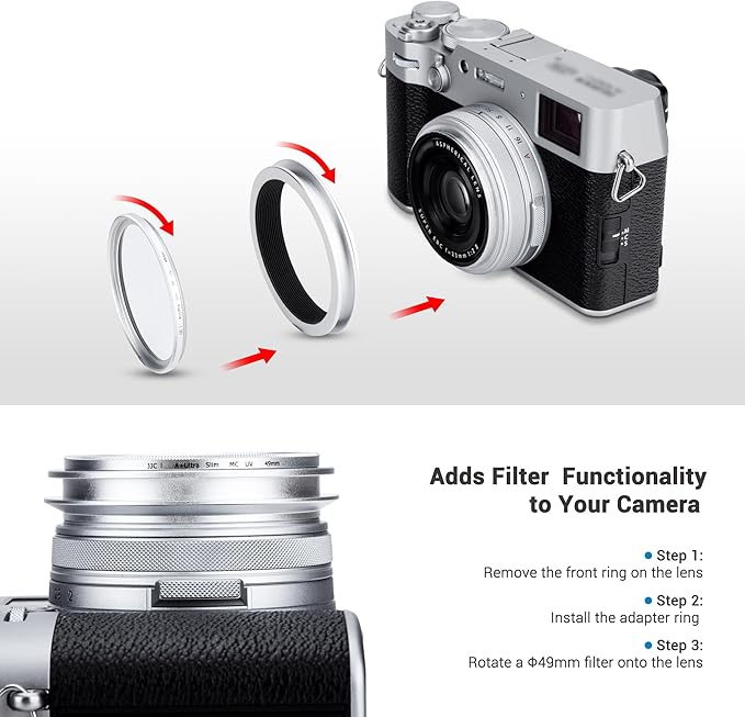 JJC LH-X100 Metal Square Lens Hood with AR-X100 49mm Adapter Ring for Fuji Fujifilm X100VI X100V X100F Cameras, LH-X100 Lens Hood with Filter Adapter Ring, Allows to Attach 49mm UV/ND/CPL Filter