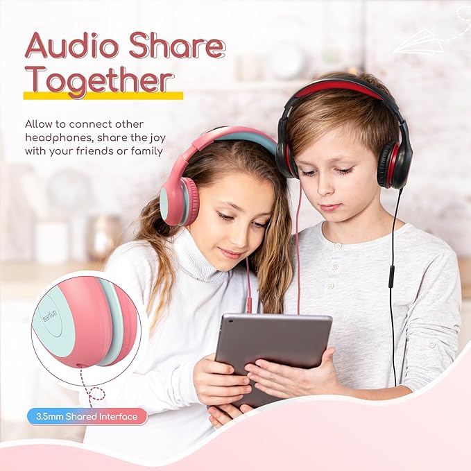 EarFun Kids Headphones Wired with Microphone, 85/94dB Volume Limit Headphones for Kids, Portable Wired Headphone with Shareport, Stereo Sound Foldable Headset for School/Tablet/iPad/Kindle Pink